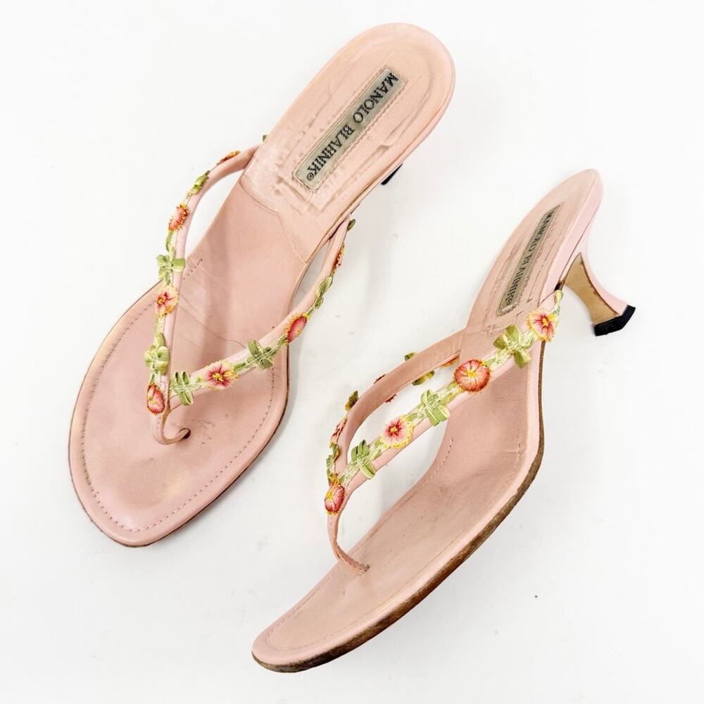 Manolo Blahnik Floral Thong Kitten Heel Sandals EU 37.5